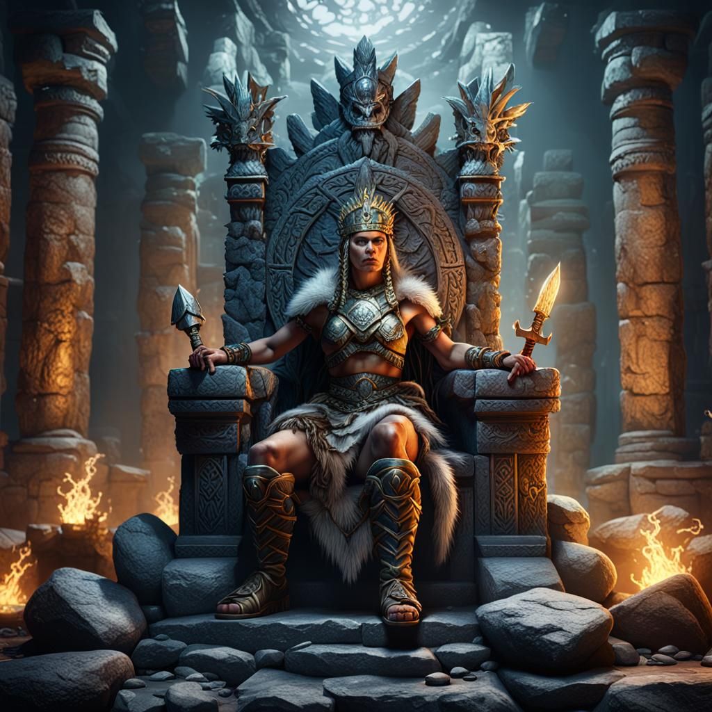 Fantasy Barbarian Chief on Stone Throne