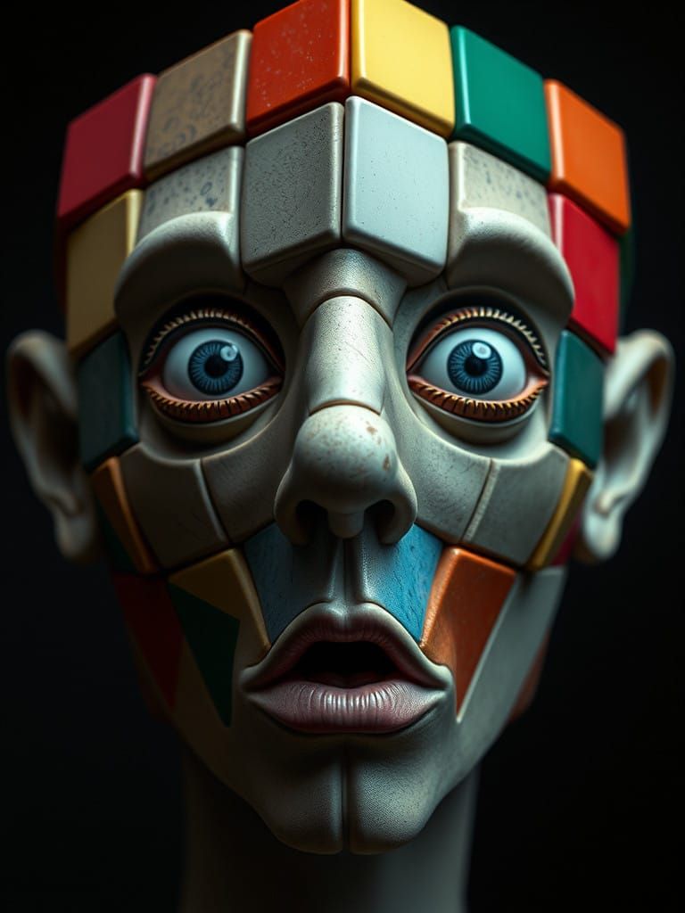 Surreal Figure Composed of a Partially Solved Rubik's Cube