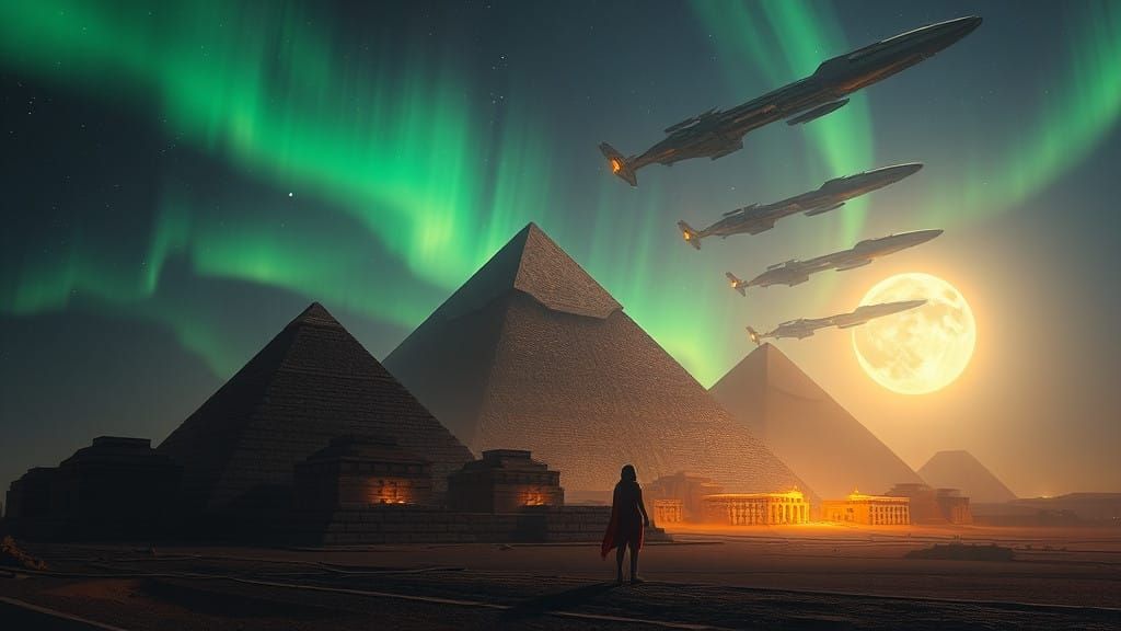 Ancient Pyramids Illuminated by Northern Lights and Galactic...