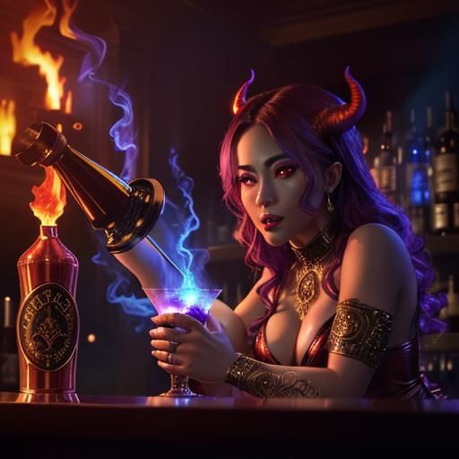 Fiery Demon Bartender Crafts Epic Cocktail