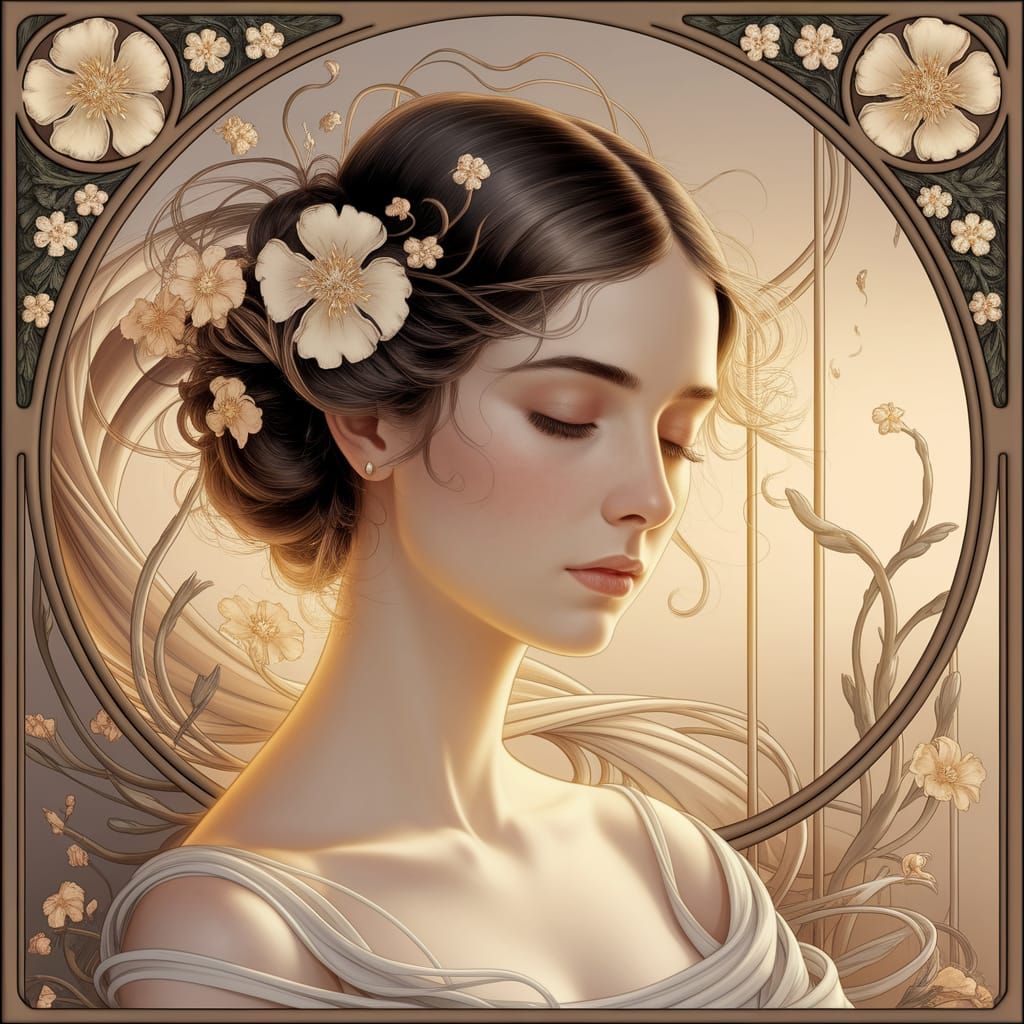 Woman in Golden Art Nouveau Floral Halo