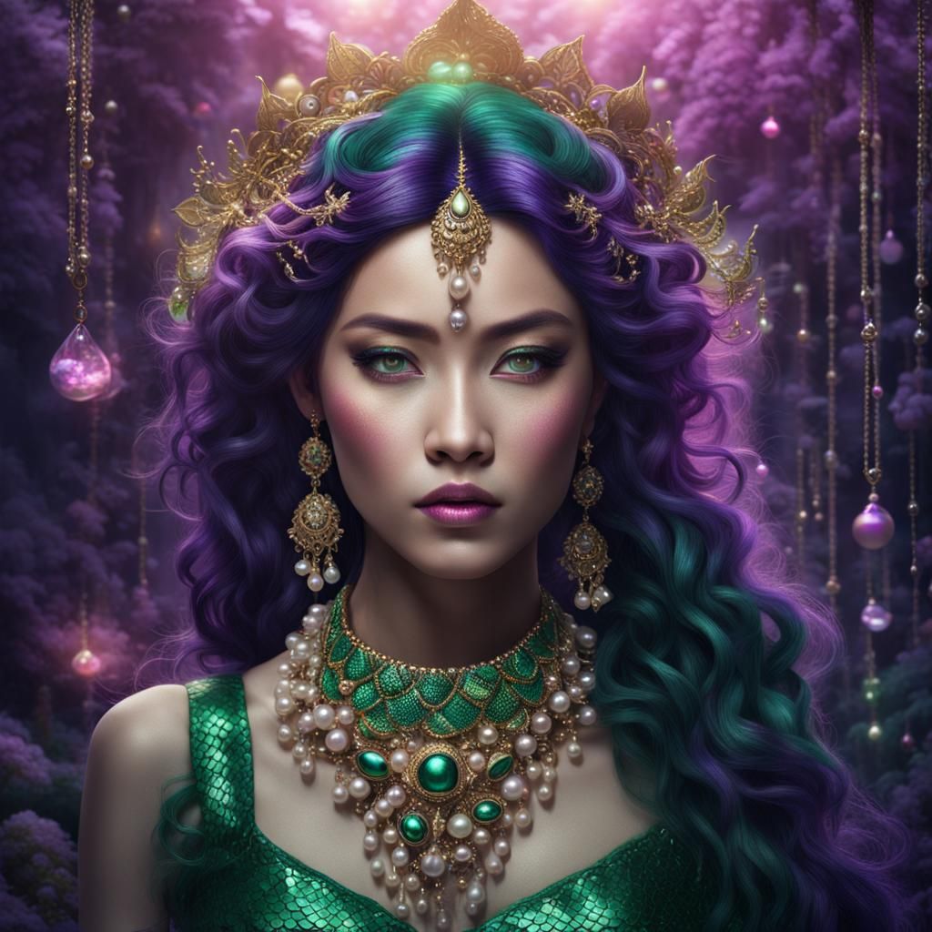 Hyperrealistic Asian Mermaid with Gold and Pearls