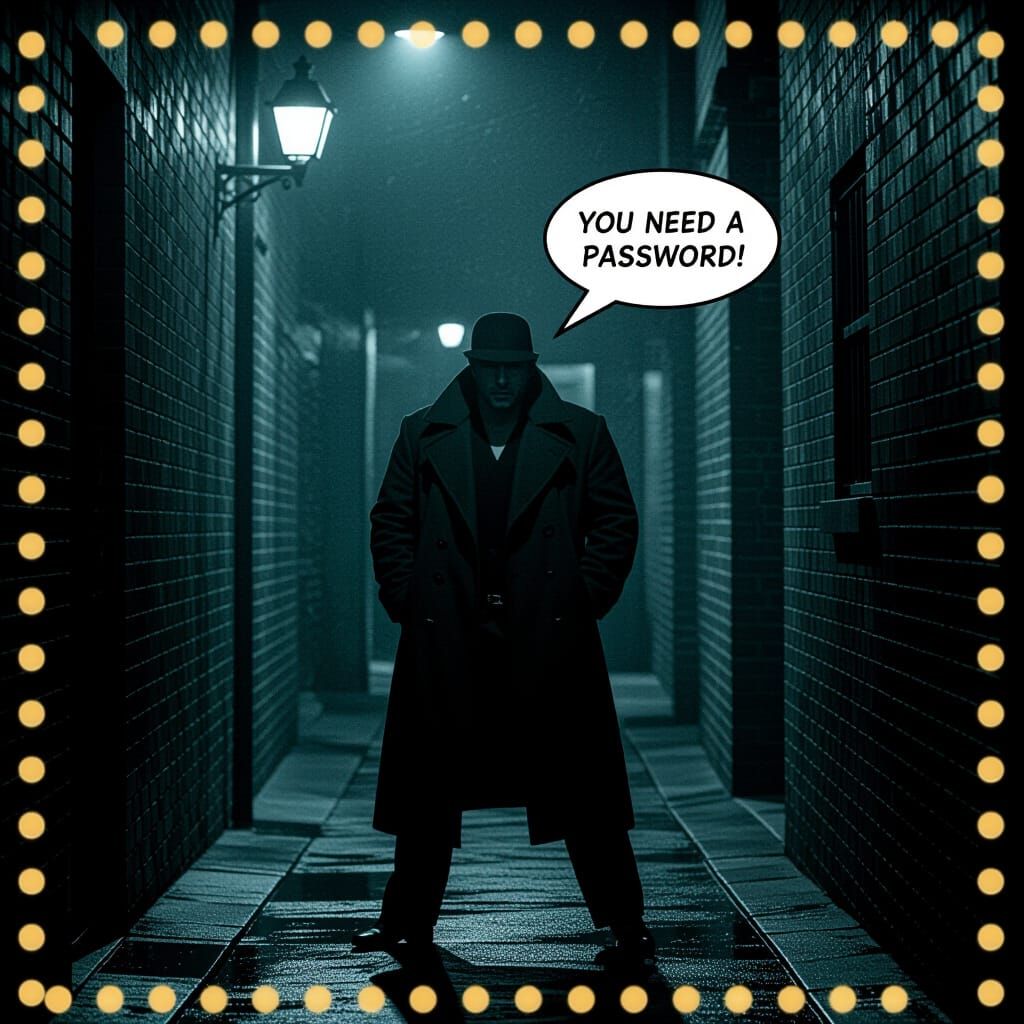 Password Demanded in Dark Alley: Cinematic Film Still