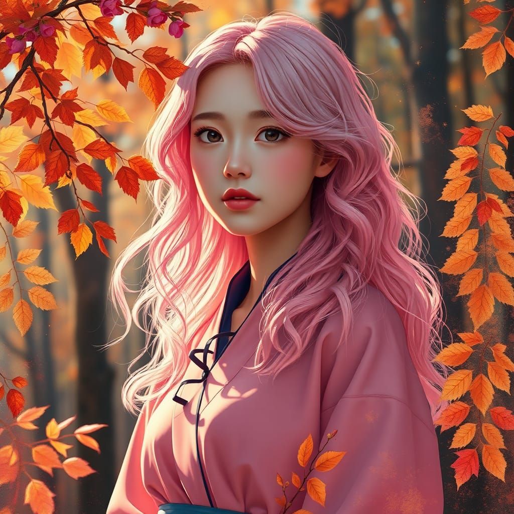 Anime Woman in Autumn Forest, Hyperrealistic Portrait