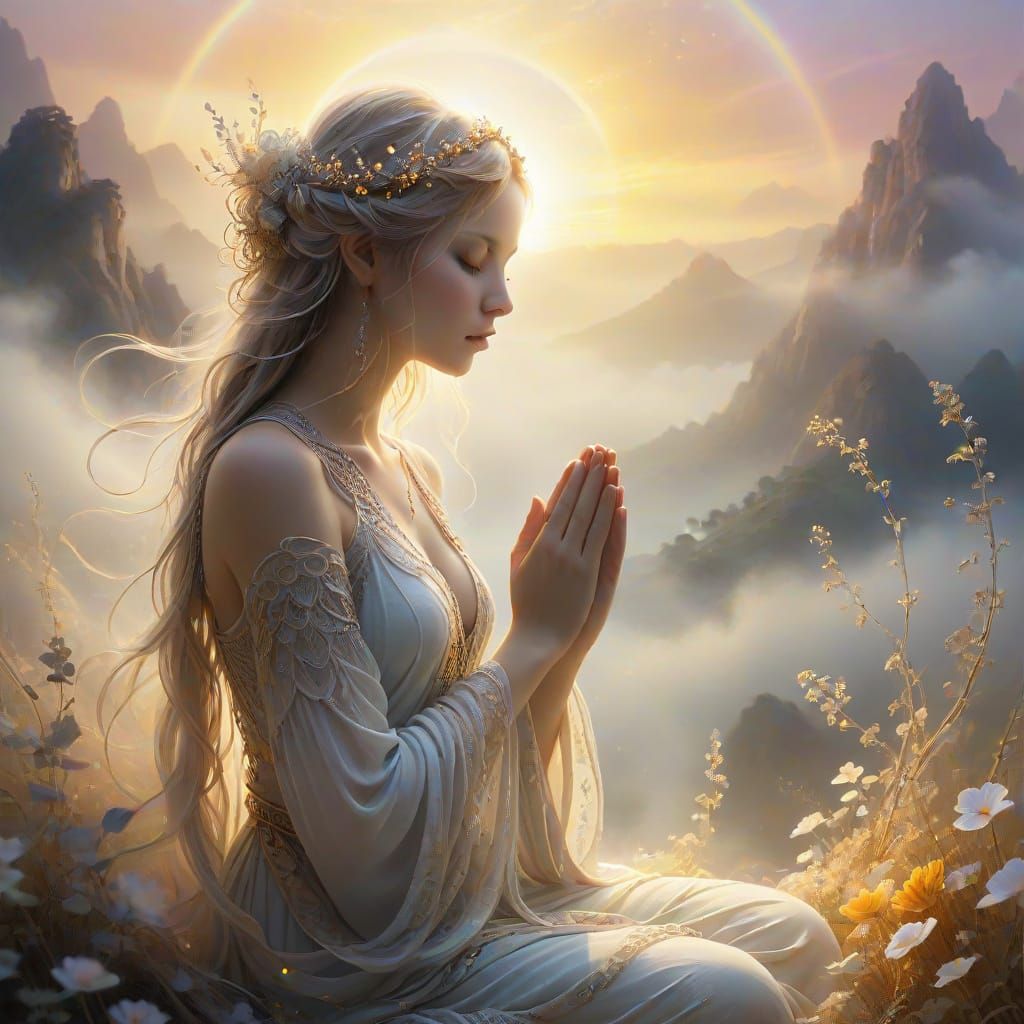 Serene Figure Meditating in Ethereal Sunrise