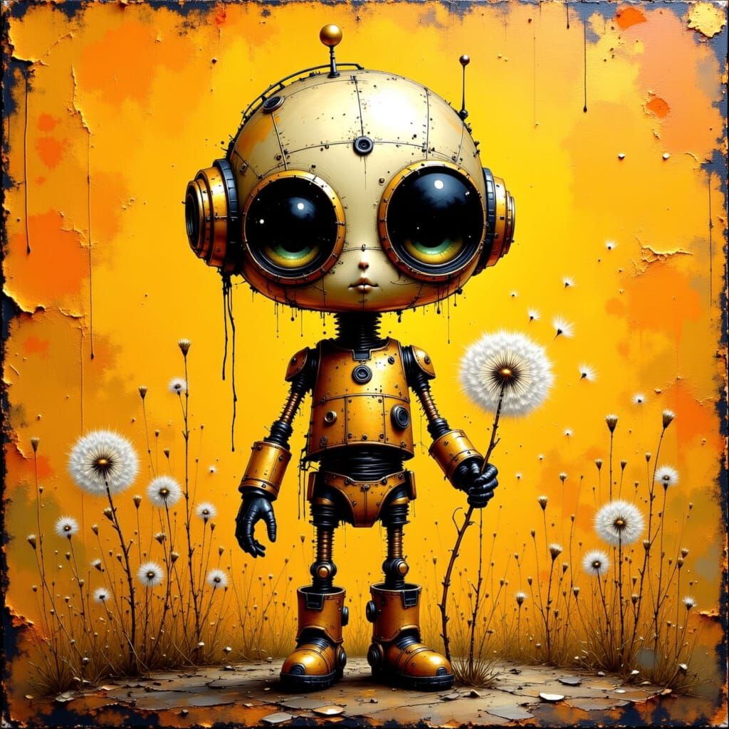 Steampunk Robot with Dandelion in Impasto Style