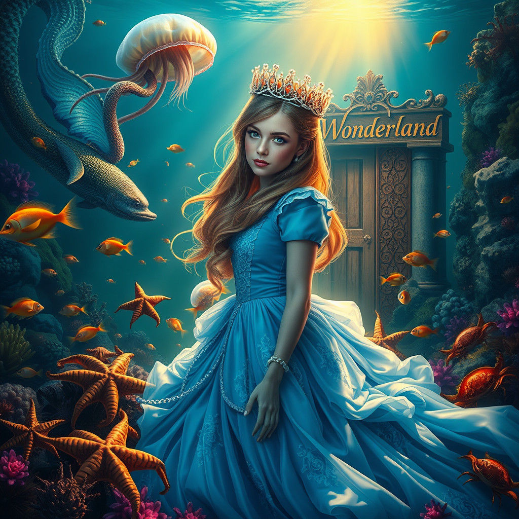 Alice in Wonderland with Mermaid in Hyperrealistic Style
