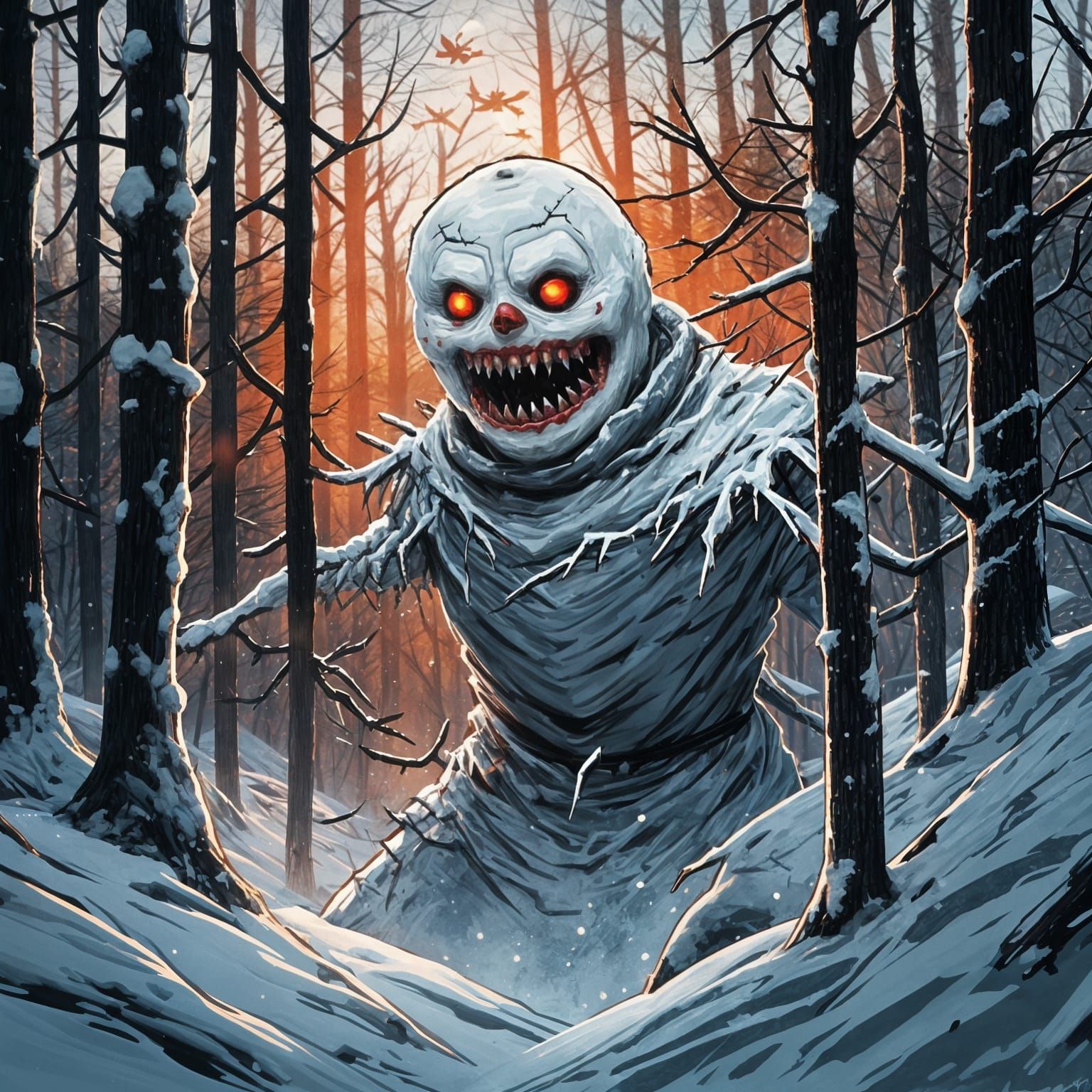 A Cyberpunk Snowman Zombie Hunts Under Full Moon