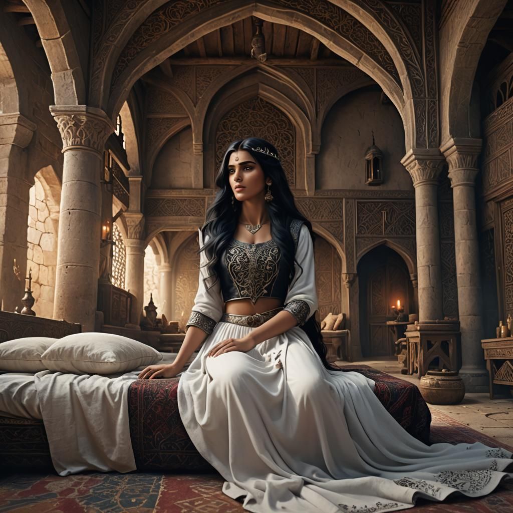 Arabic Woman in Medieval Bedroom, Detailed Matte Painting