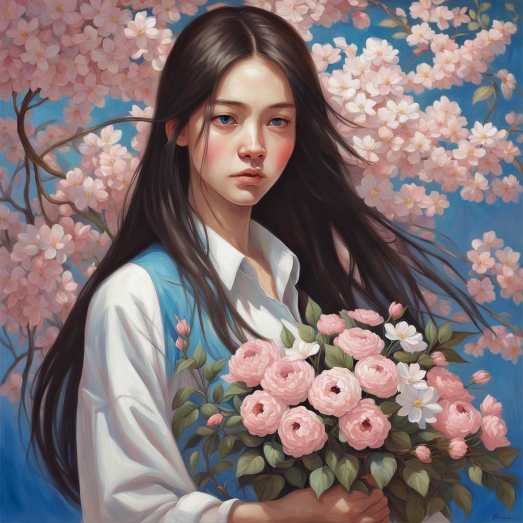 Woman Holding Flowers in Realistic Style