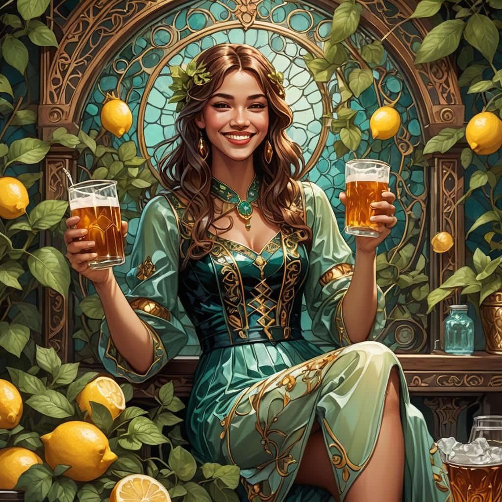 Girl with Drink in Art Nouveau Digital Painting