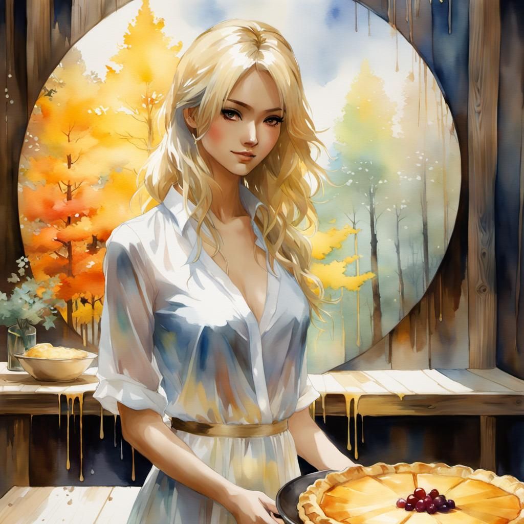 Anime Woman with Pie in Watercolor Style