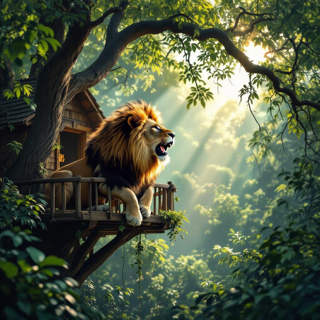 Majestic Lion Roars in Realistic Treehouse Nature Scene