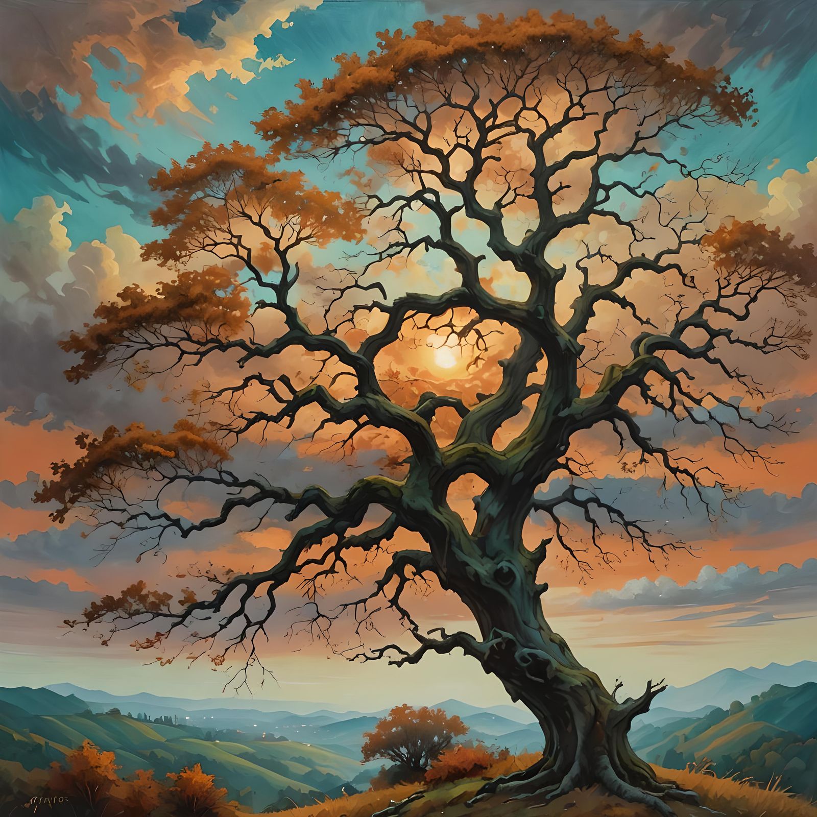Oak Tree on Hill: Renaissance Oil Painting