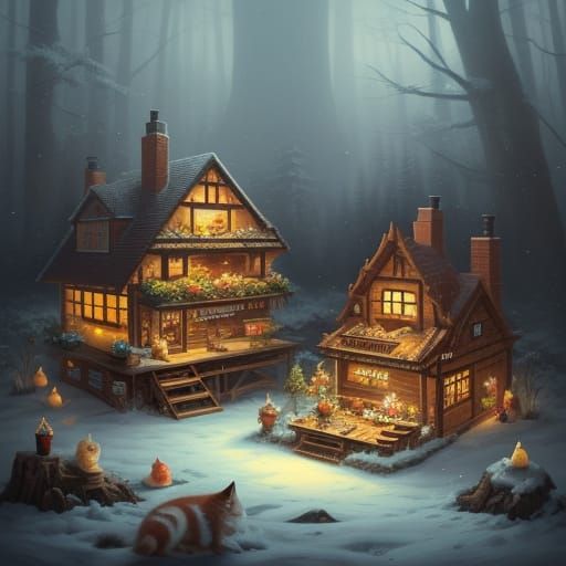 Whimsical Candy Bar Scene with Fox and Cat