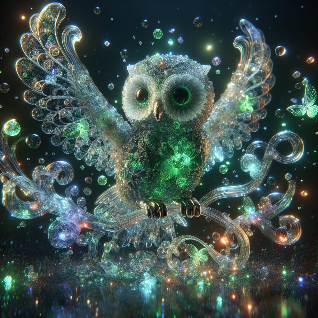 Emerald Crystal Owl Sculpture with Bioluminescent Vines