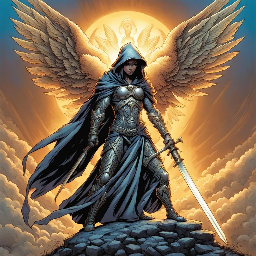 Hooded Sun Angel Warrior with Sword in Comic Art Style