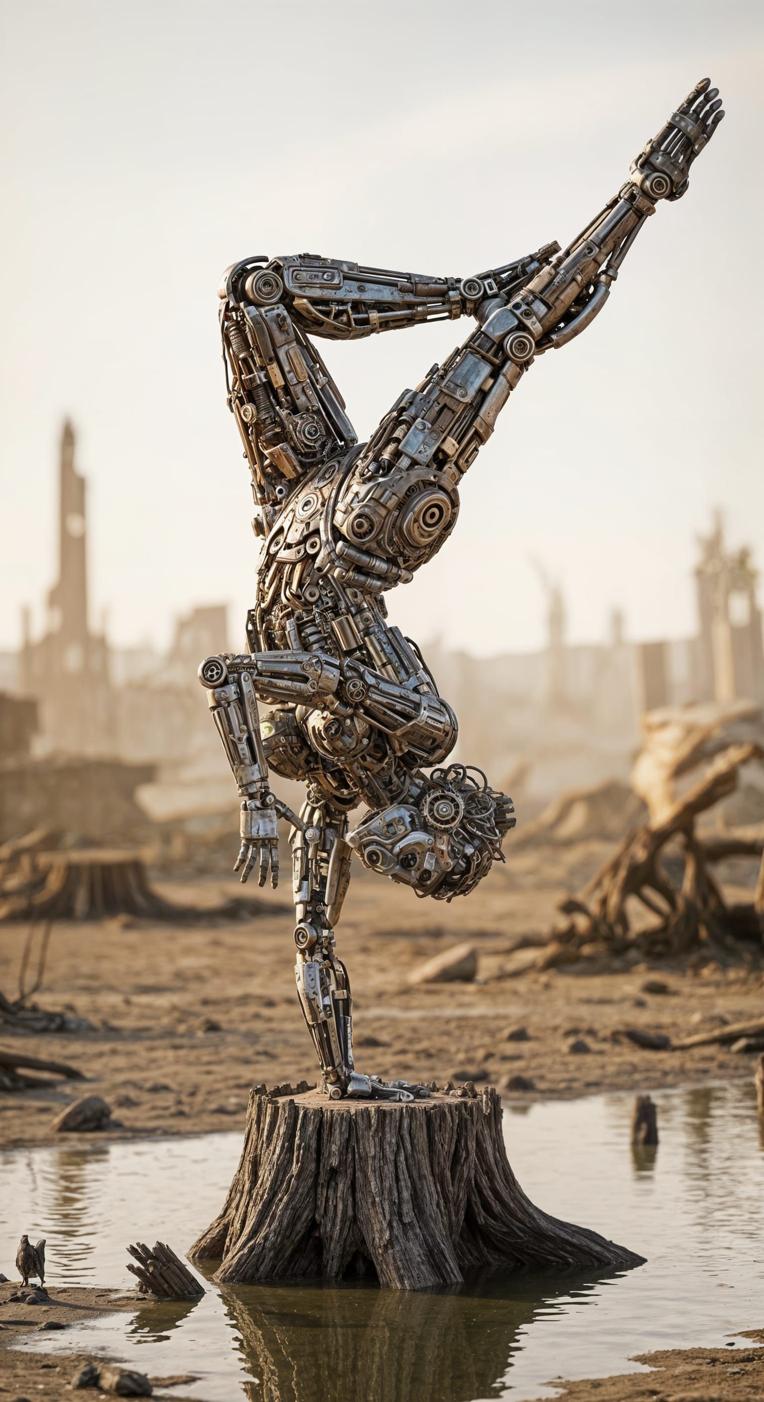 Futuristic Cyborg Balances in Wasteland Landscape