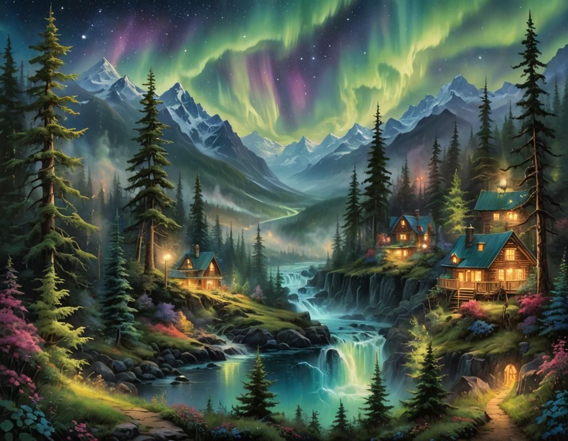 Alaskan Night Forest with Aurora Borealis in Ethereal Style