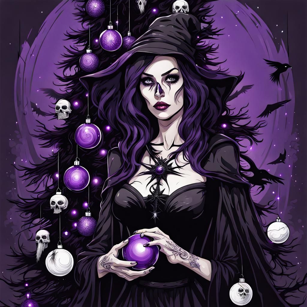 Gothic Witch Decorates Christmas Tree with Dark Ornaments