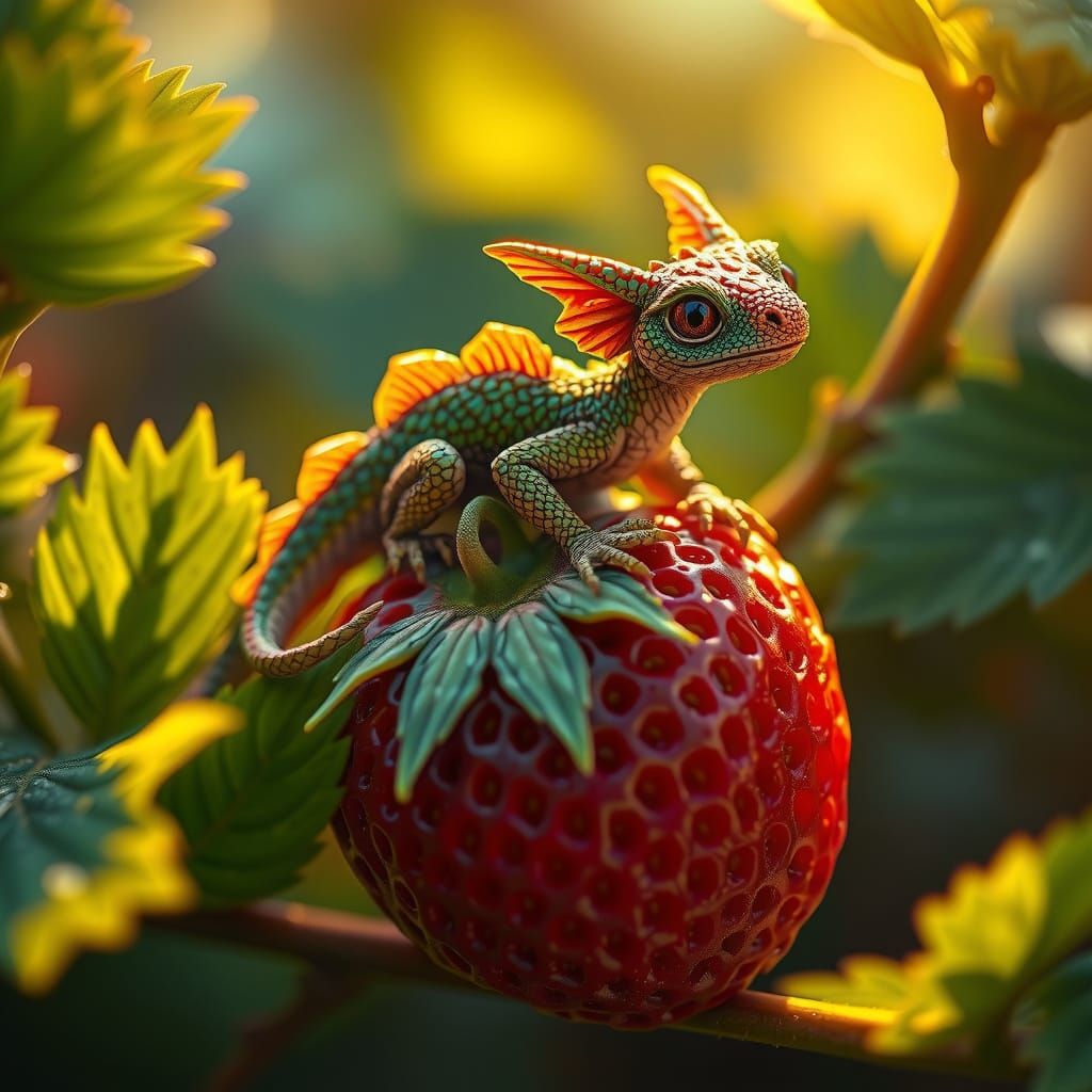 Whimsical Tiny Dragon on Strawberry in Detailed Realism