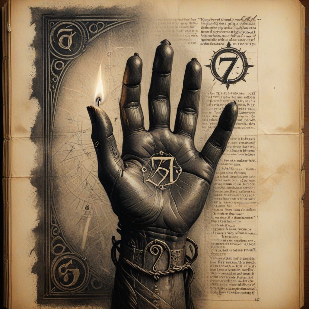 Ancient Mystic's Hand Holding the Number Seven Symbol in Cha...