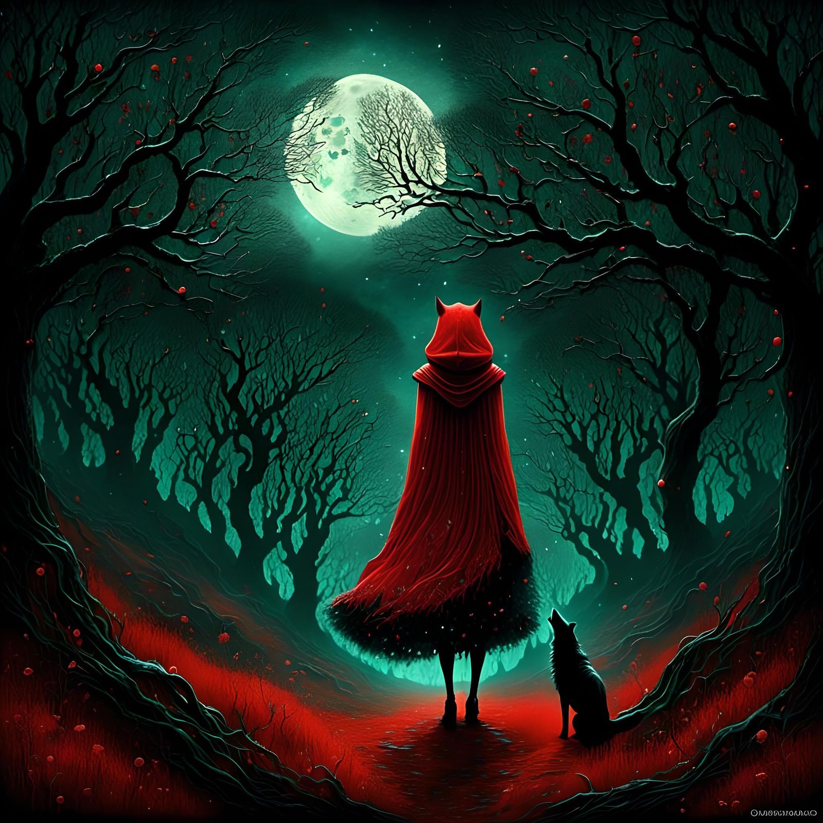 Red Riding Hood in Bioluminescent Forest as Watercolor