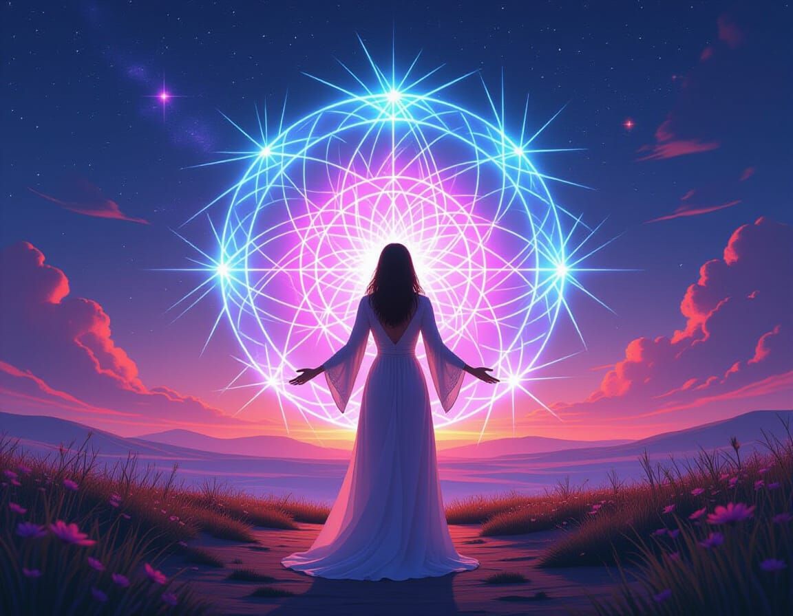 Serene Woman Ascends with Light Codes in Ethereal Style