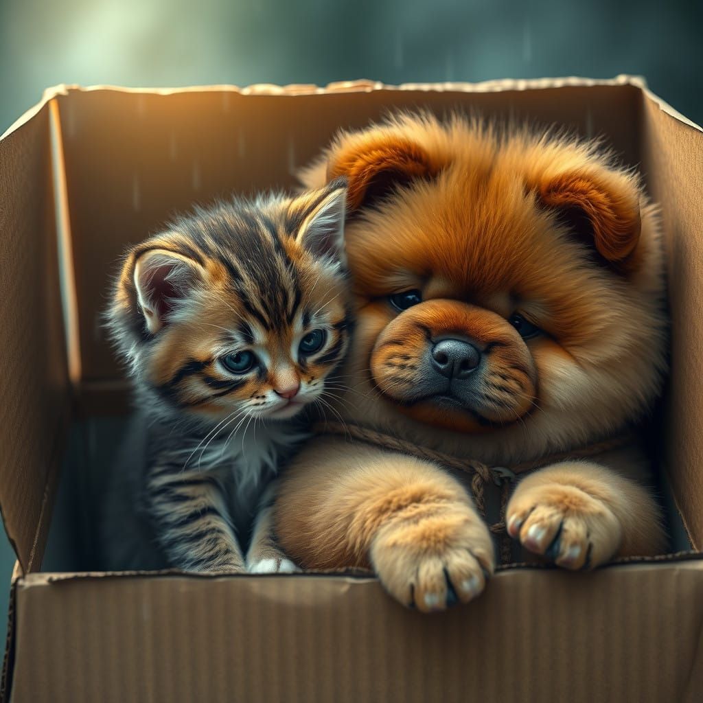 Sorrowful Kitten and Chow Chow in a Cozy Cardboard Box