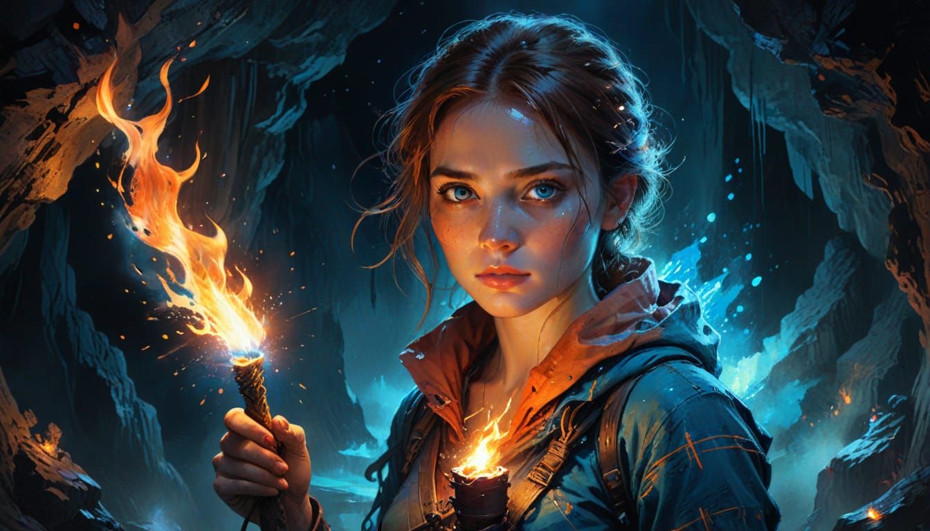 Explorer with Torch in Cave, Digital Watercolor