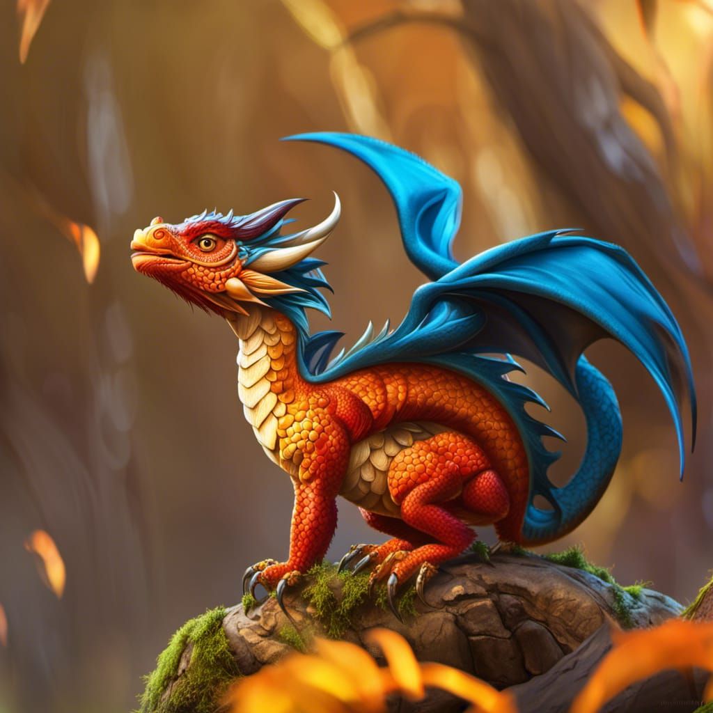 Orange Dragon on Mossy Log: Hyperdetailed Digital Art