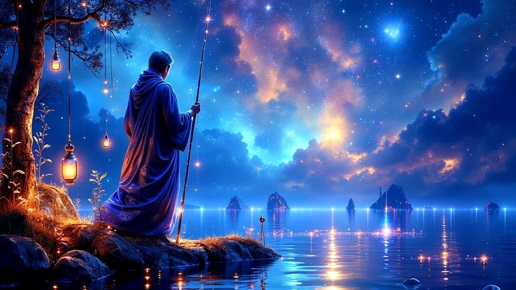Celestial Fisherman Casting Line Into Star Ocean