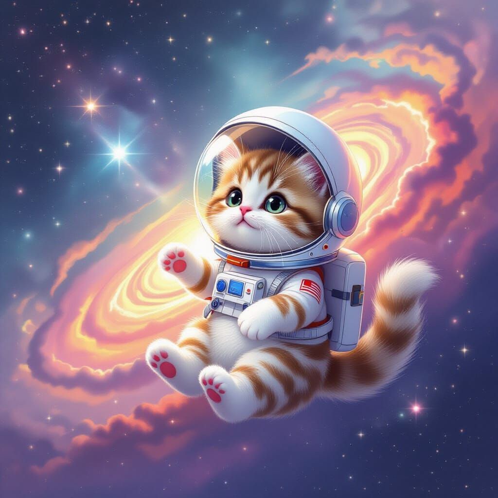 Astronaut Cat Floating in Galaxy: Soft Digital Art