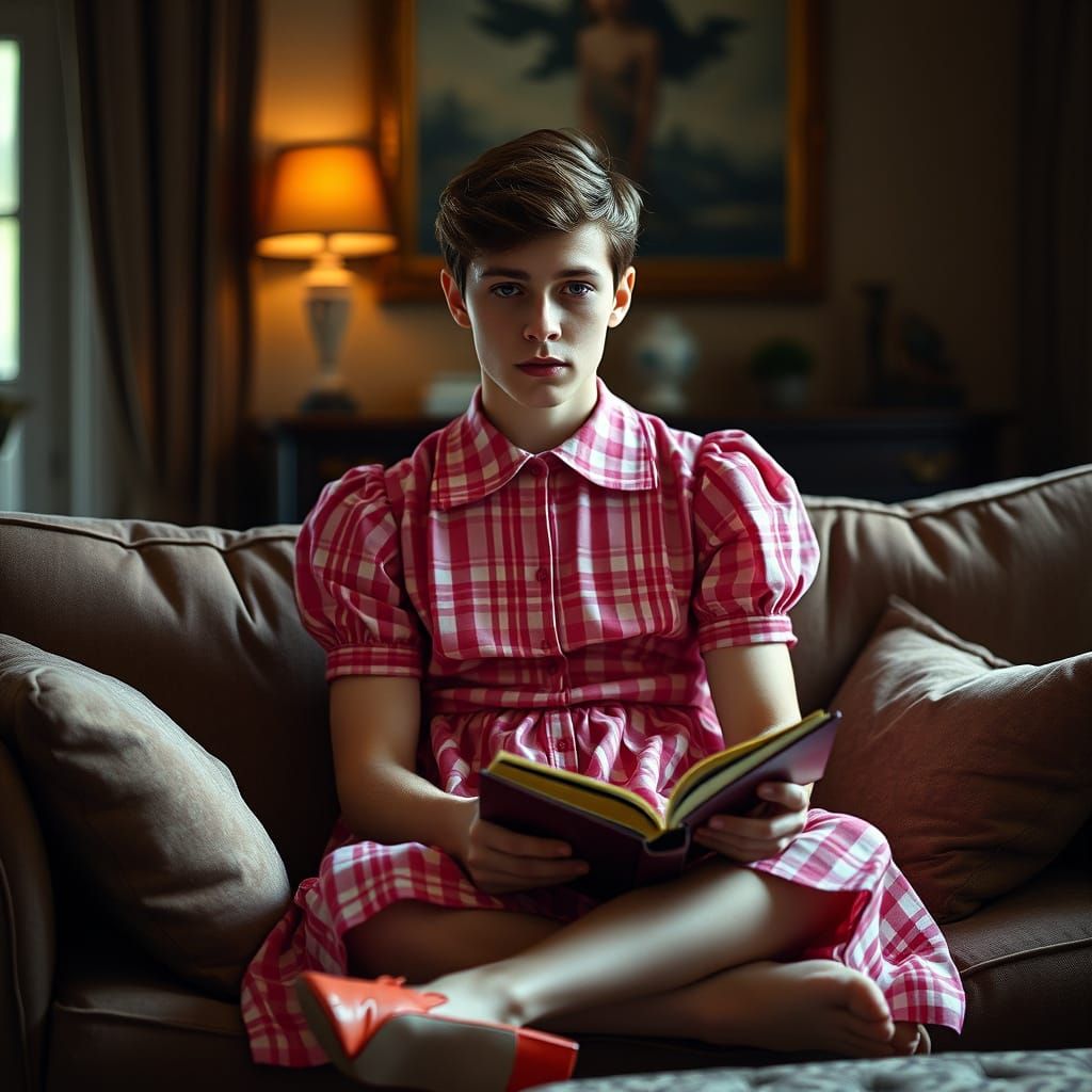 Dashing Man in Plaid Pink Check Dress Seated on Plush Sofa