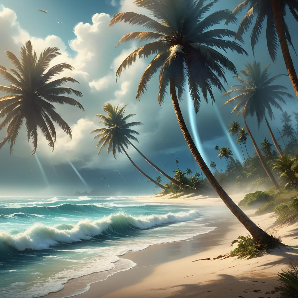 Fantasy Coastal Landscape with Palm Trees
