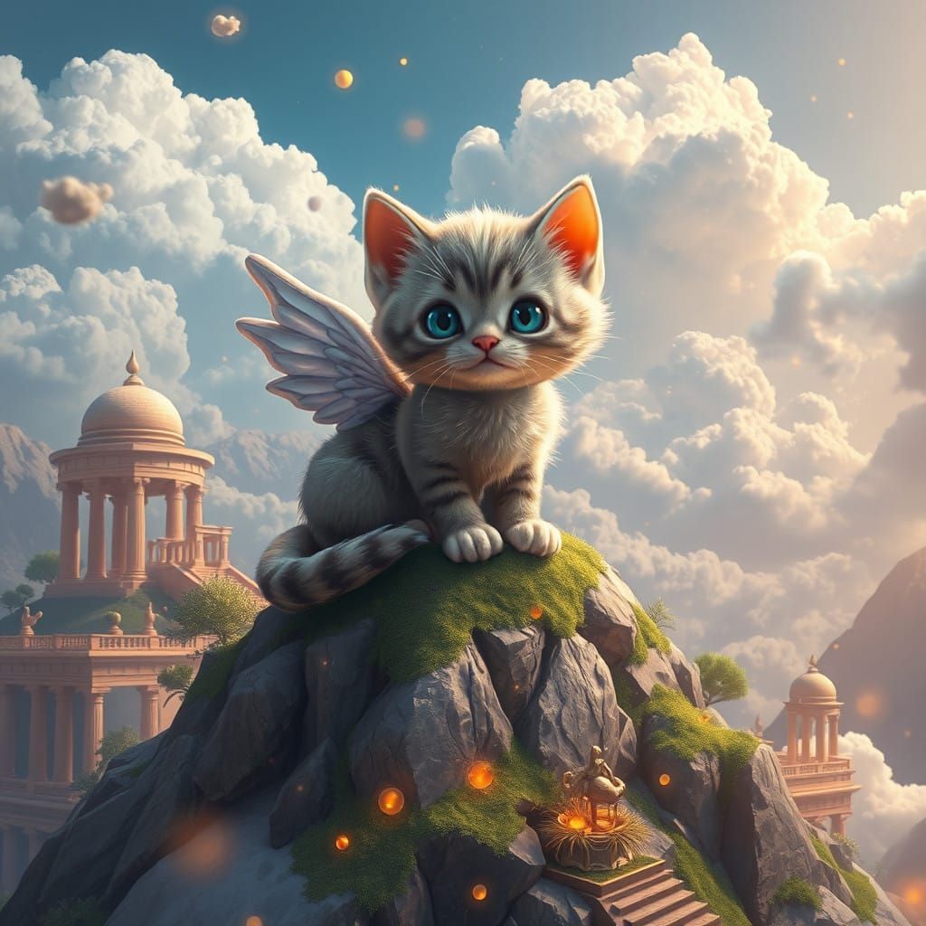 Whimsical Kitten Reigns Over Vibrant Mount Olympus