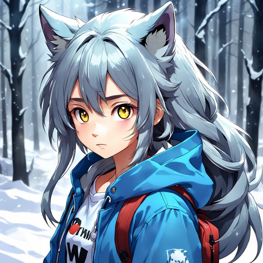 Fantastical Wolf-Human Hybrid in Anime Style
