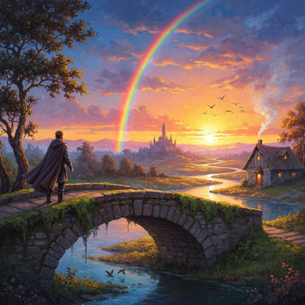 Magical Sunset Over Landscape with Castle and Rainbow