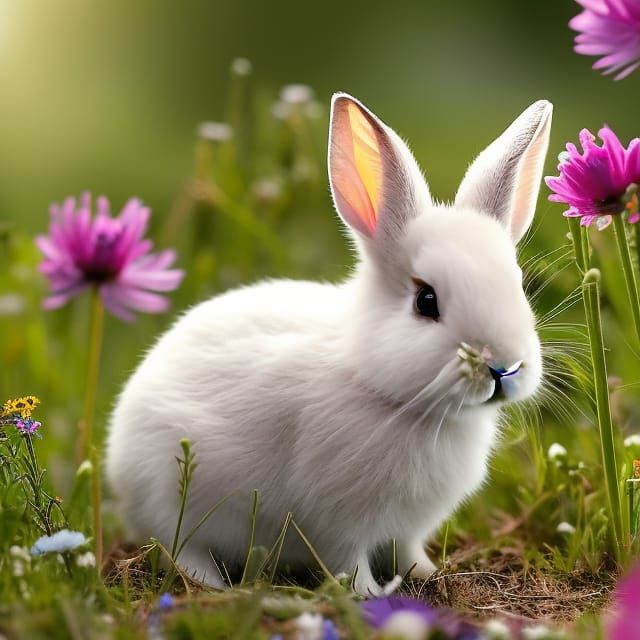 Baby Rabbit in Wildflower Field: Digital Art