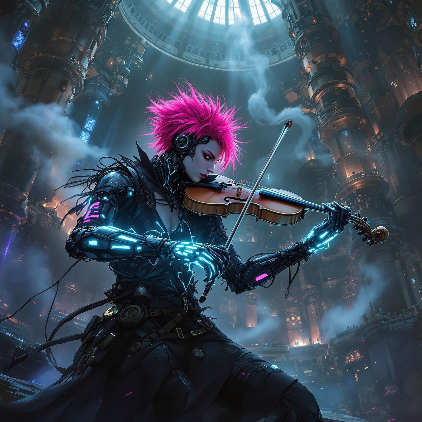 Gothic Cyborg Musician in Steampunk Concert Hall