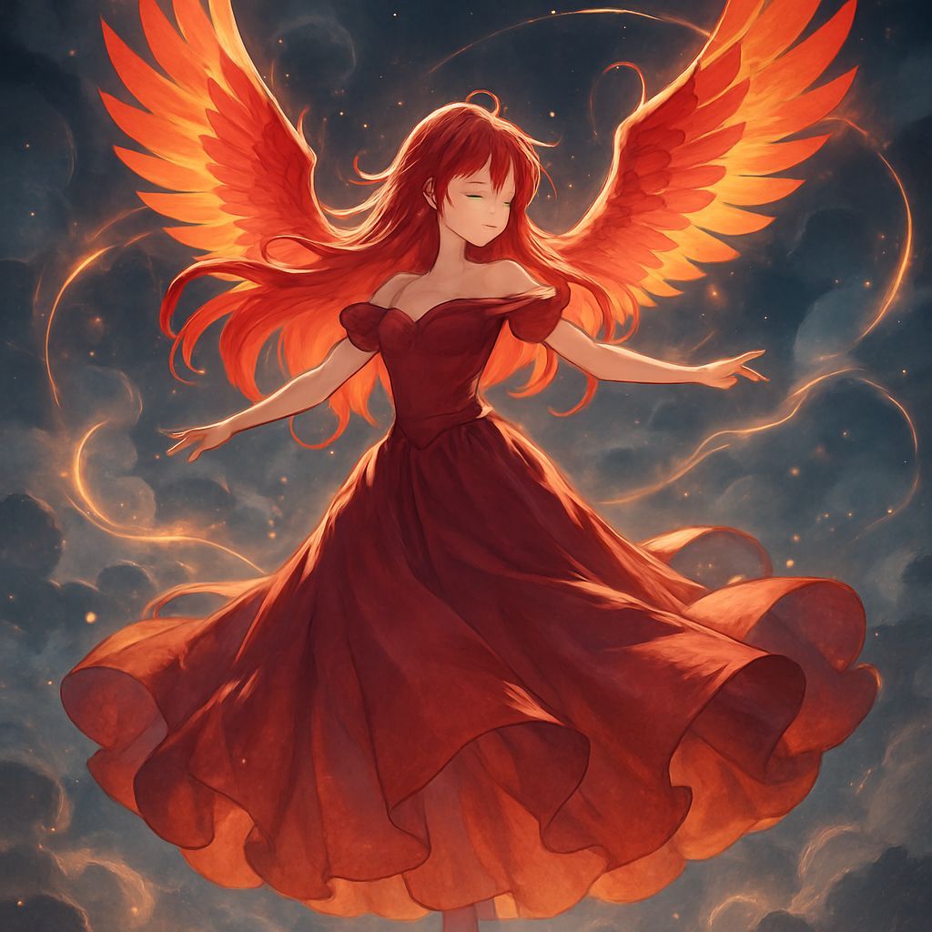 Phoenix-Winged Anime Girl Dancing in Mystical Light
