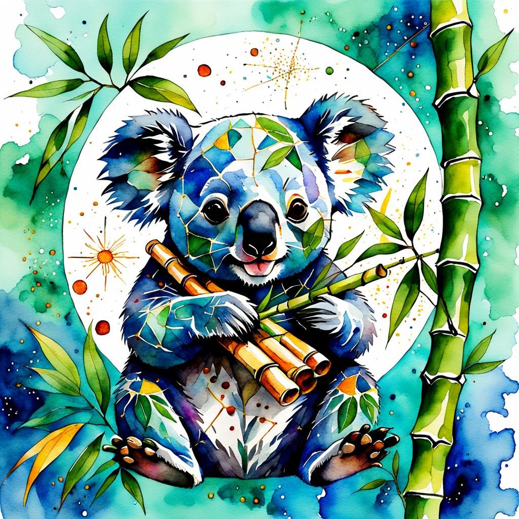 Koala's Philosophical Bamboo Feast in Watercolor