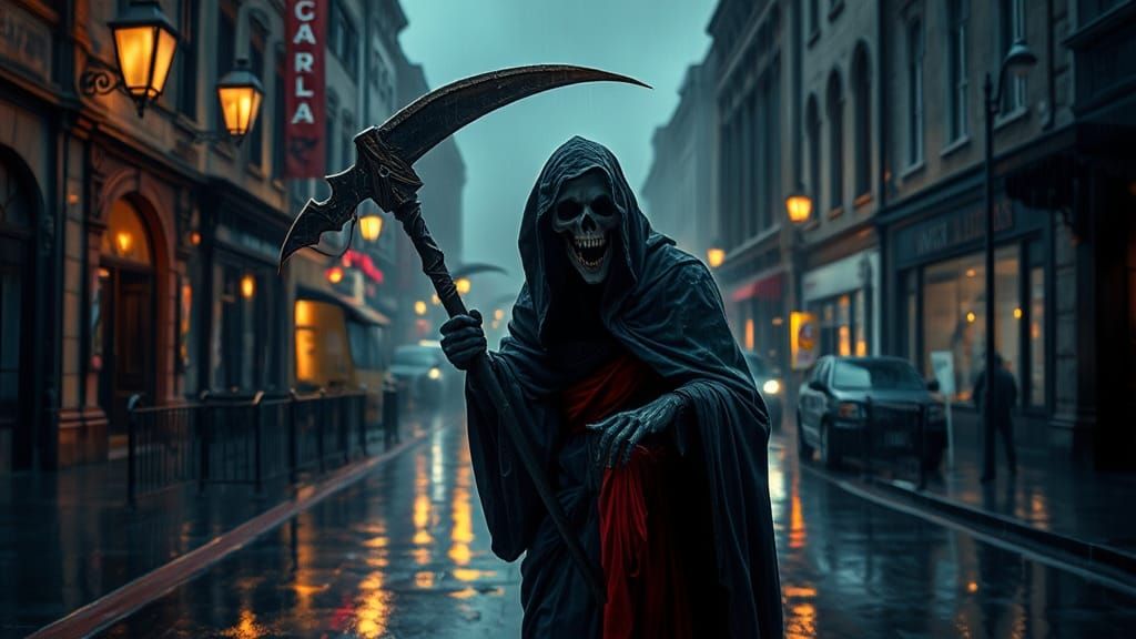 Grim Reaper on Wet Streets: Hyperrealistic Atmospheric Image