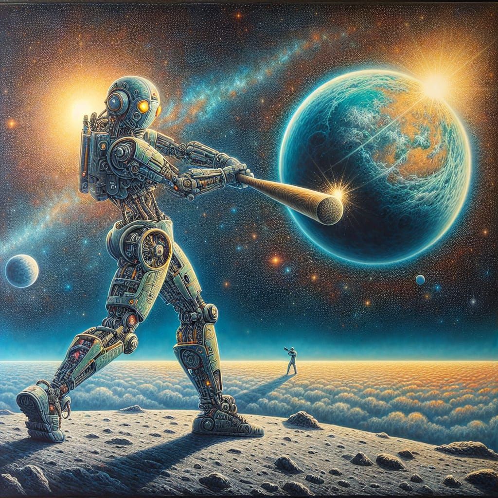 Retro Robot Swings Bat at Earth in Fantasy Art