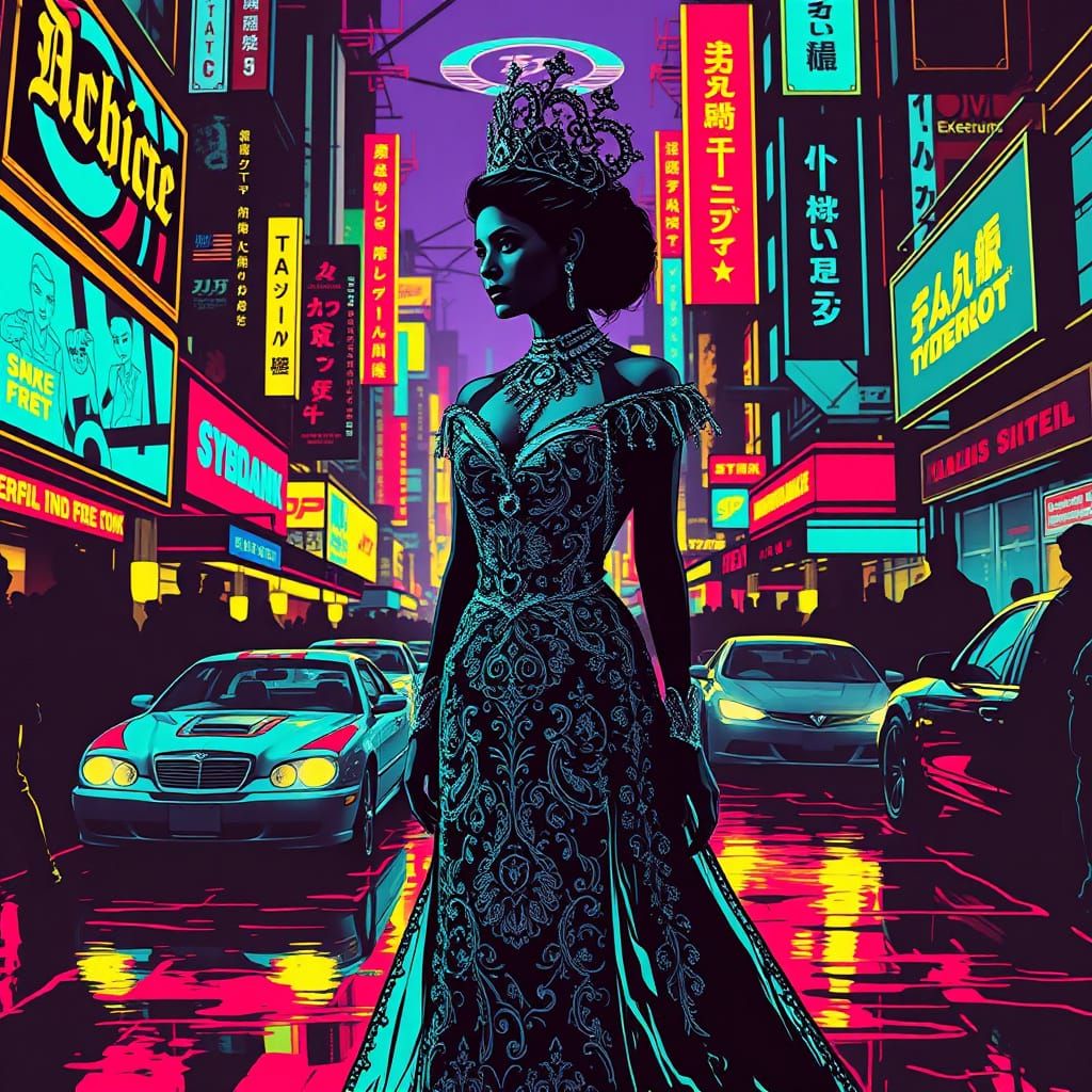 Regal Woman in Victorian Gown in Cyberpunk Market