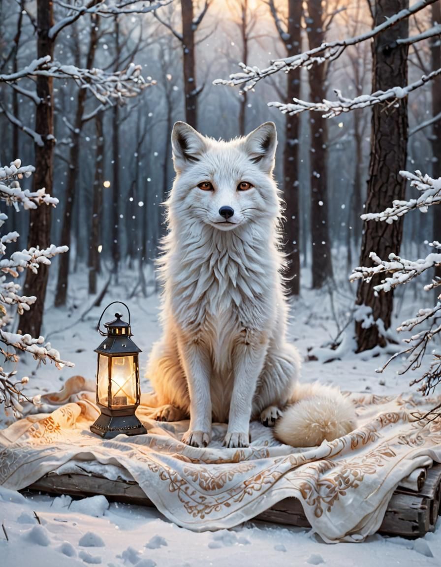 Snow Fox in Winter Forest, Fantasy Art