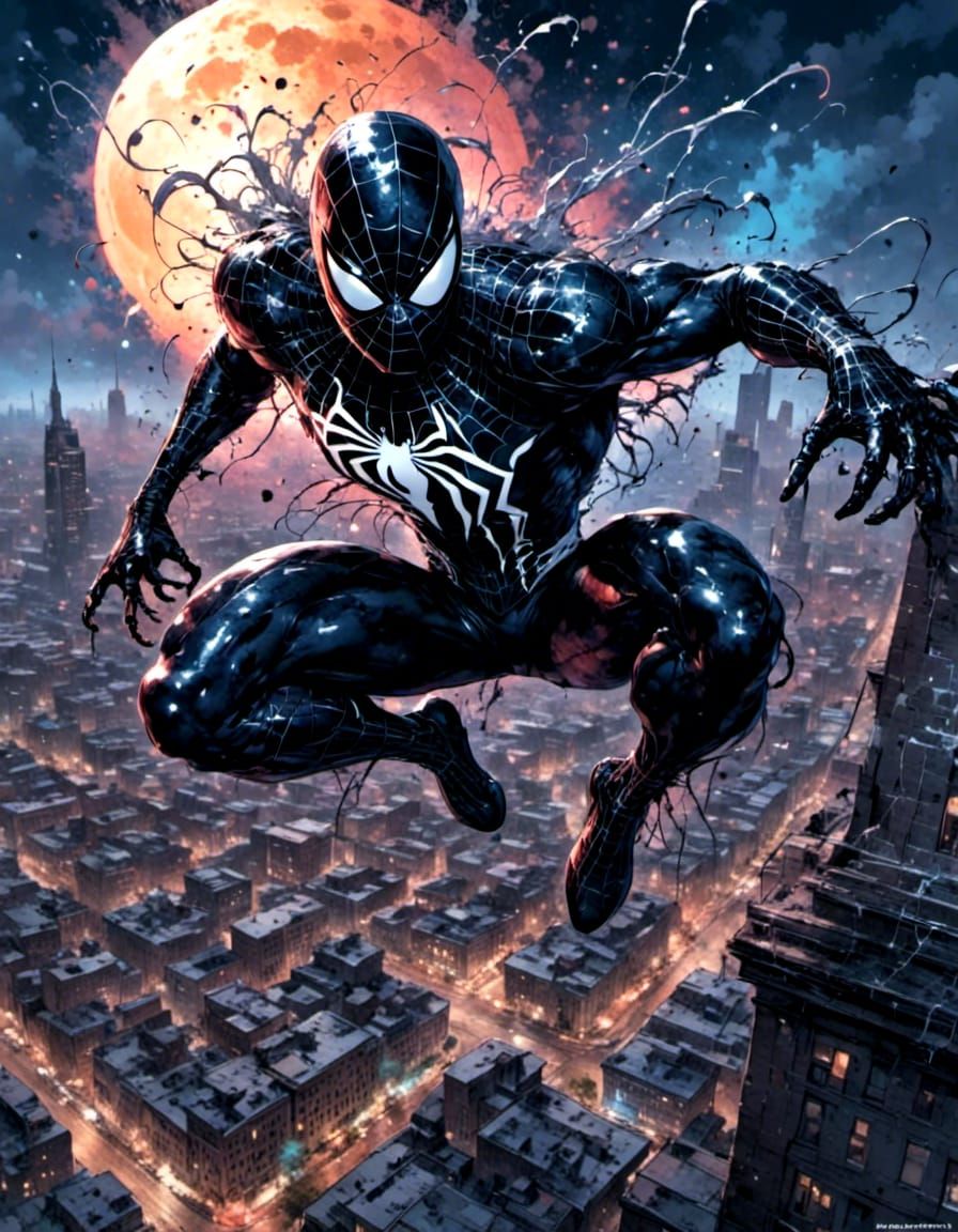 Venom Spiderman on Rooftop in the Night