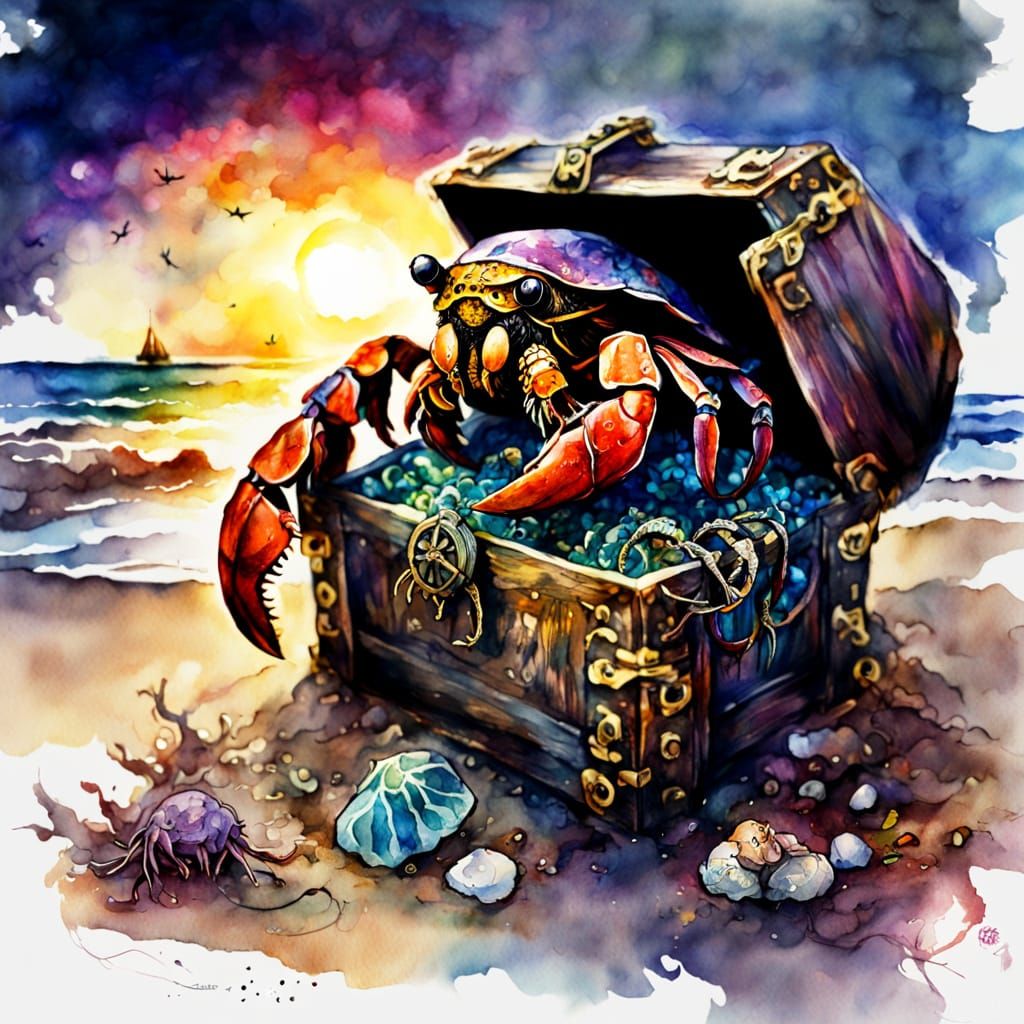 Hermit Crab Pirate Opens Treasure Chest at Sunset