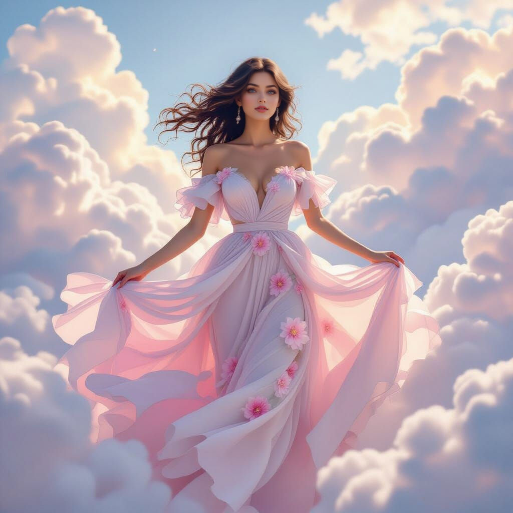 Whimsical Woman in Floral Dress Amidst Dreamy Clouds