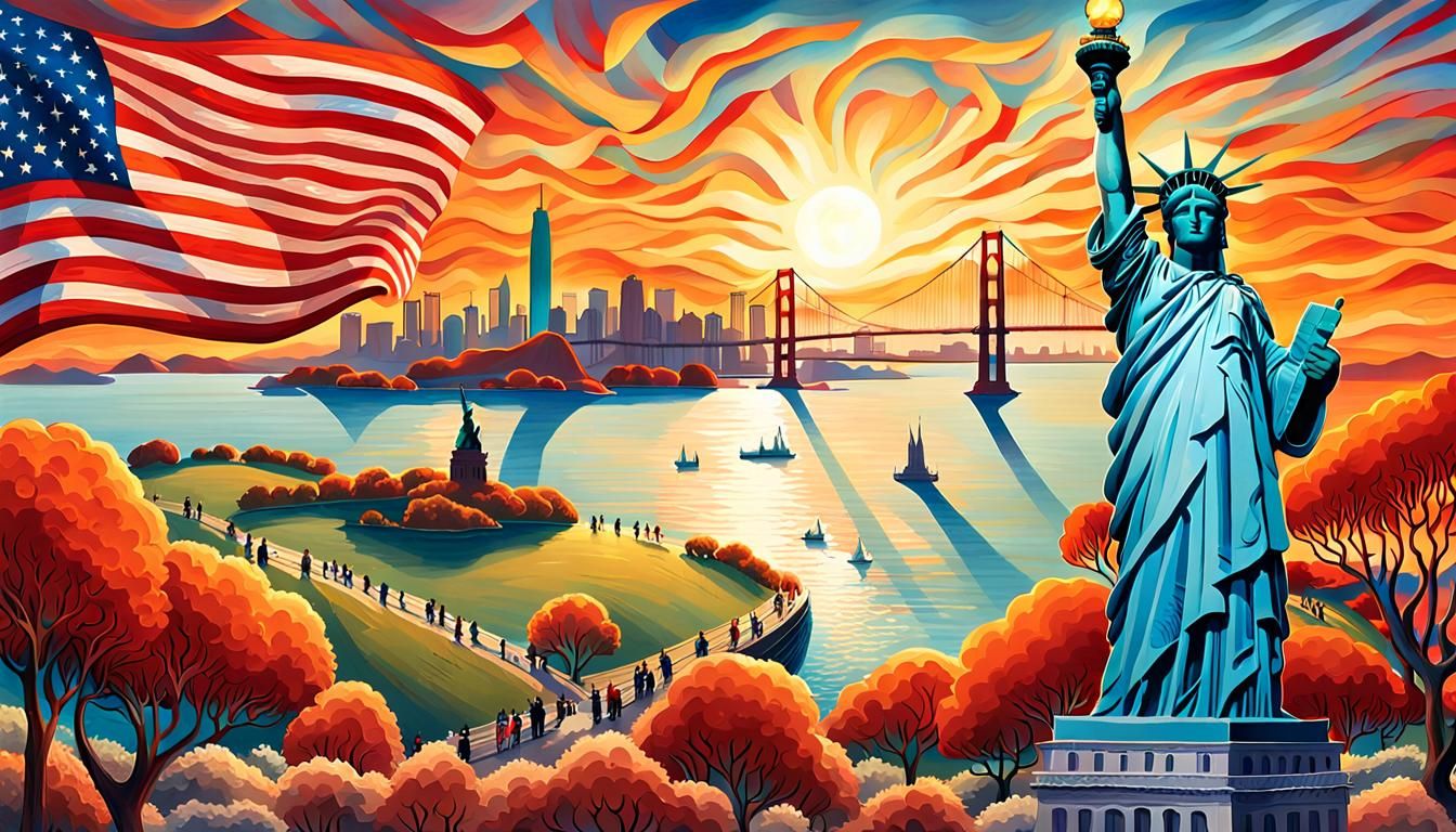 Surreal Americana Landscape with Flag in Rockwell Style